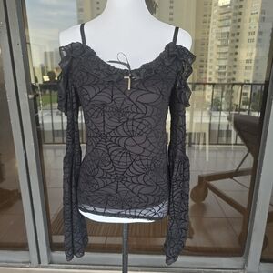 Cosmic Aura Spiderweb Cold Shoulder Black Bell Sleeve Top Med